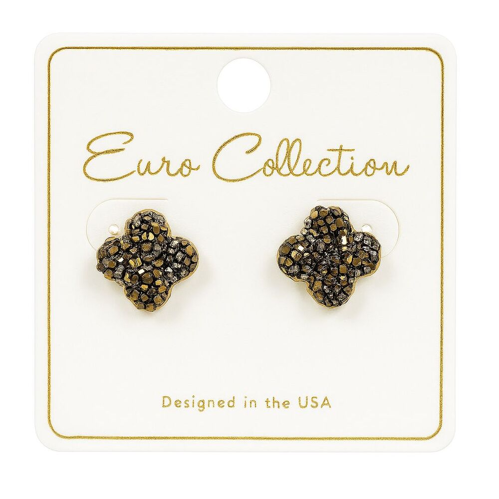 Four-Leaf Clover Stud Earrings Iridescent Rhinestone Gradient Bronze Tone Metal